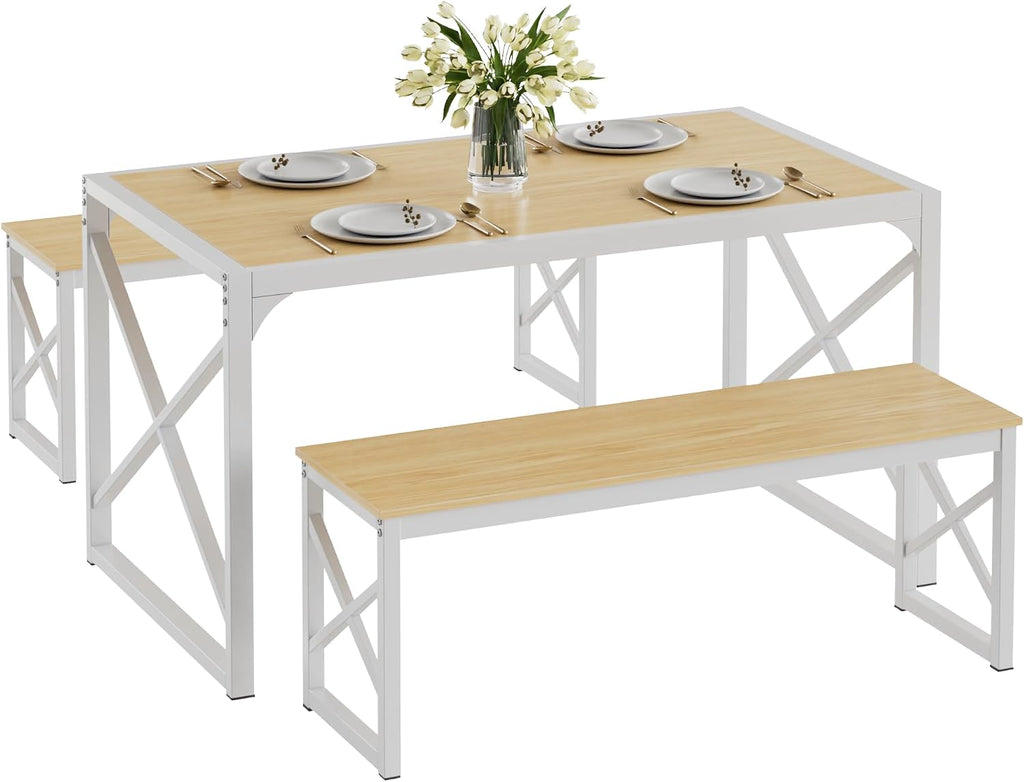 VECELO 55” Kitchen Dining Table Set for 4, Heavy-Duty Steel Frame & Wood-Grain Tabletop, Space-Saving Dinette Sets with 2 Benches for Breakfast Nook and Small Space, Natural