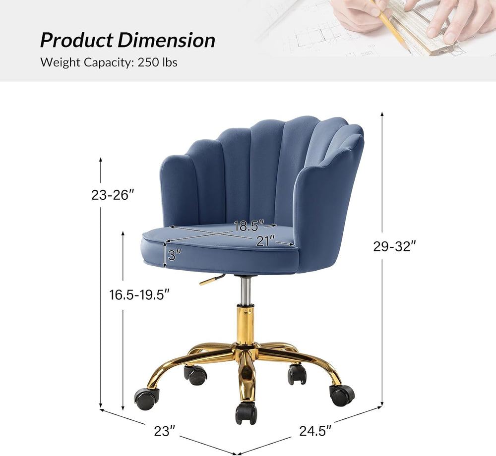 HULALA HOME Velvet Home Office Desk Chair with Gold Base, Slate-Blue | Adjust...