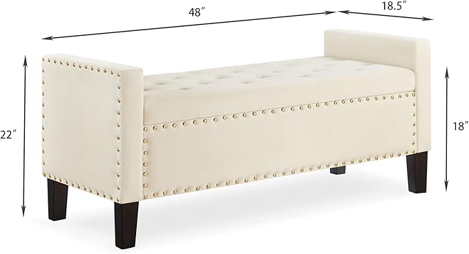 Upholstered Velvet Storage Ottoman Bench with Nail Trims,Soft Padded Seat with Armrest,for Living Room,Bedroom,Entryway,Easy to Assemble,Cream