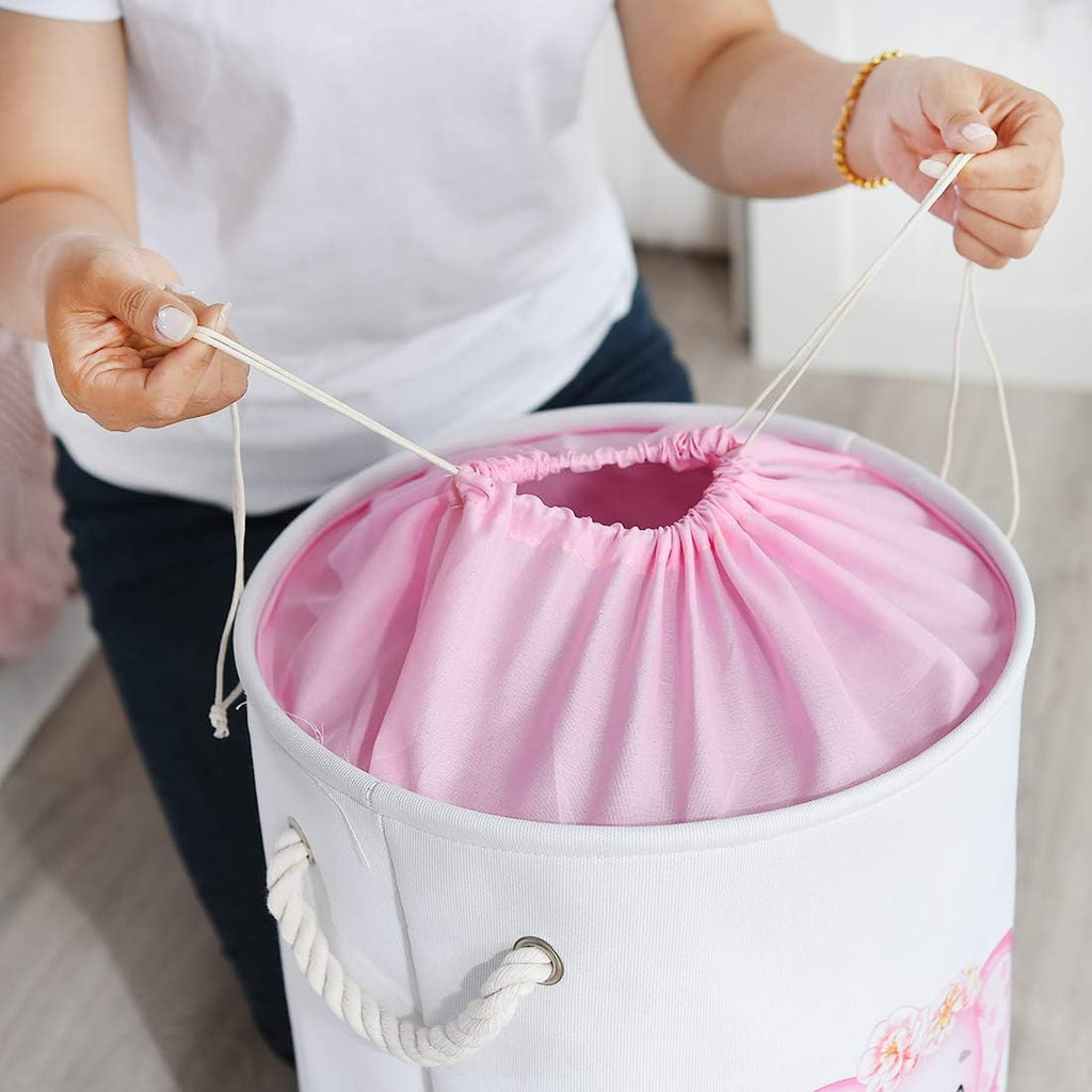 Laundry Baskets Kids Laundry Hamper, Pink Baby Hamper Elephant Basket Large Collapsible Kids Hamper with Handles Waterproof Round Linen Storage Basket for Toddler/Girls (Pink Elephant)