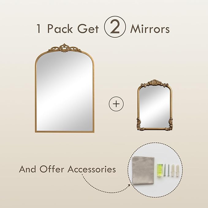 1 Set Vintage Mirror 20x30 Gold Antique Baroque Arched Ornate Traditional Brass Mirror and 8.5x12 Vintage Vanity Makeup Desk Table Mirror for Bathroom Entryway Living Room Hallway Fireplace