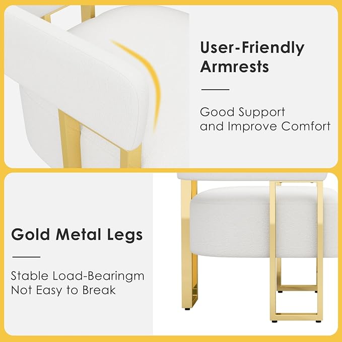 STHOUYN Modern White Boucle Dining Chairs Set of 4 with Gold Metal Legs, Mid ...