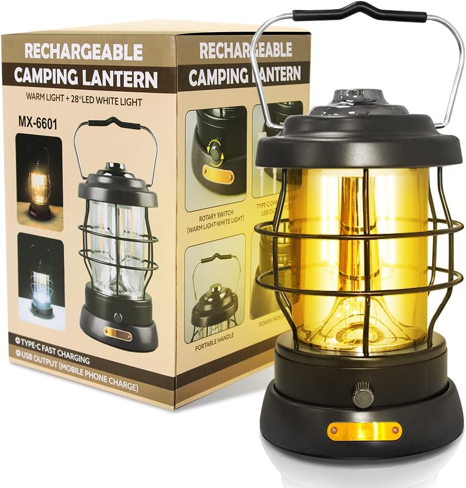 Retro Camping Lantern Rechargeable 1500LM 2 Modes Dimmable,Portable Electric ...