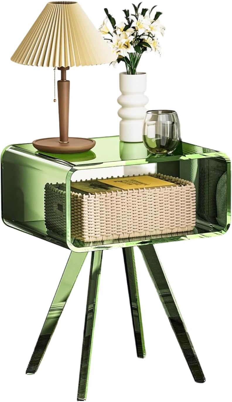Acrylic Nightstand Side Table with Storage Shelf, Modern End Table for Living...