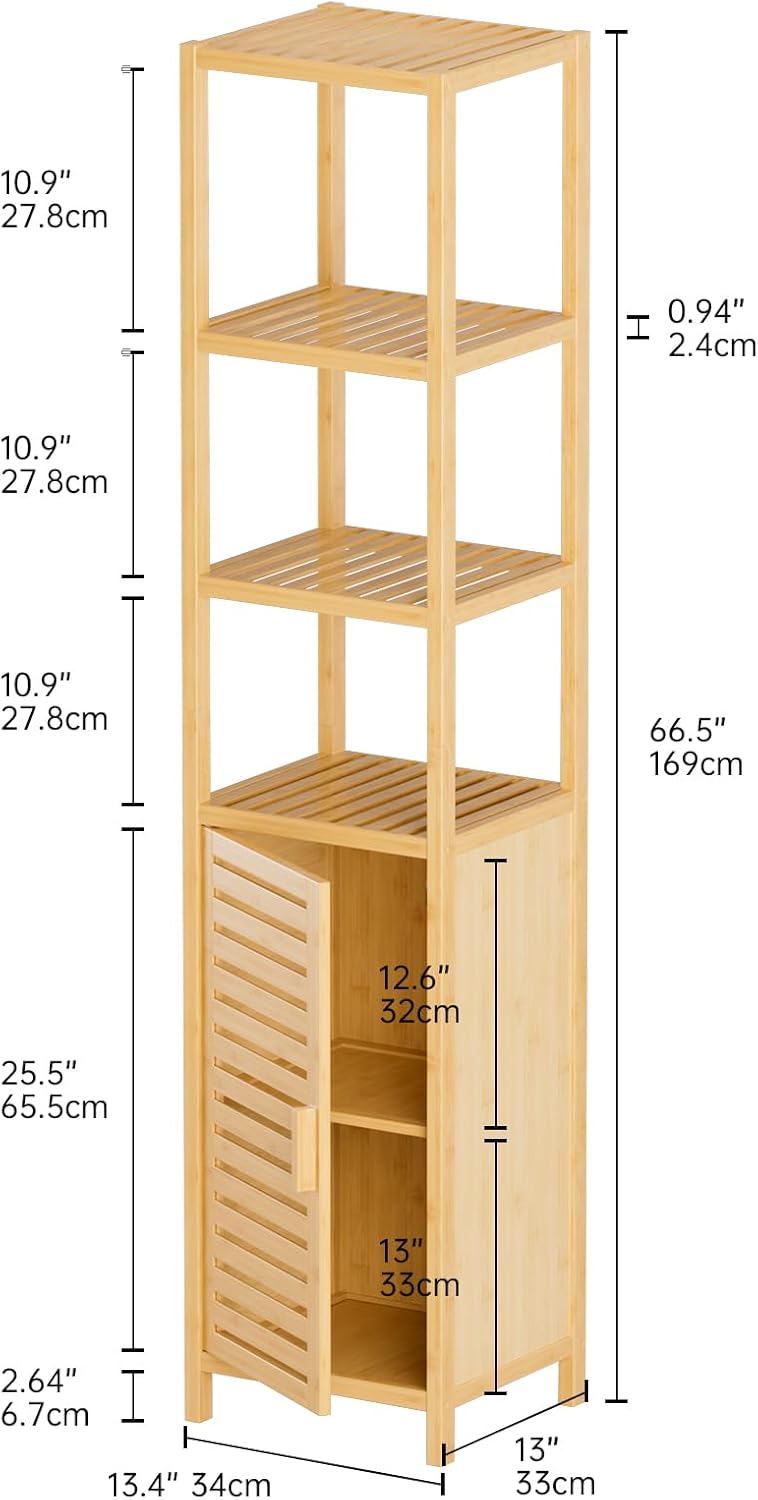HITNET Bathroom Floor Cabinet, 6 Tier Tall Thin Linen Tower Storage Cabinet Free Standing Bamboo, Kitchen Side Organizer with 3 Shelves and Cupboard, Natural