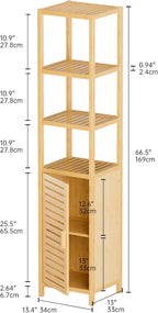 HITNET Bathroom Floor Cabinet, 6 Tier Tall Thin Linen Tower Storage Cabinet Free Standing Bamboo, Kitchen Side Organizer with 3 Shelves and Cupboard, Natural