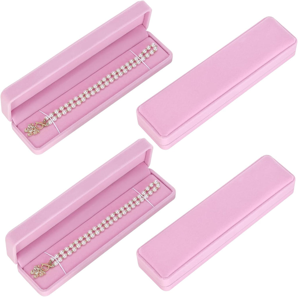 LETURE 4 Pieces Velvet Bracelet Necklace Pendant Jewelry Box, Small Long Jewelry Watch Gift Box for Proposal, Wedding, Engagement, Christmas (Pink-4PCS)