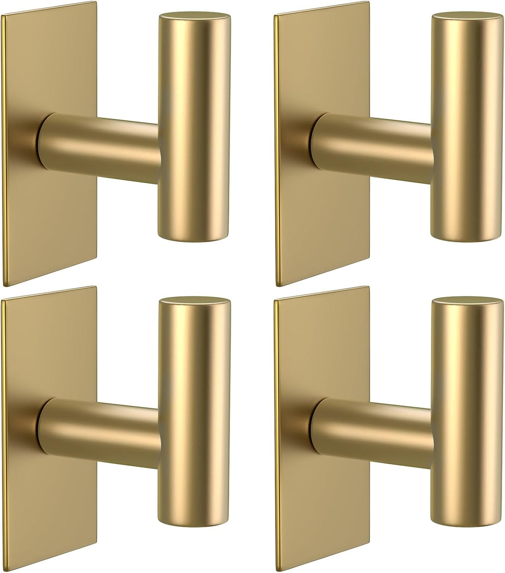 VAEHOLD Wall Towel Hooks, Heavy Duty Sticky Holder Waterproof Towel Hooks for Hanging Coat, Clothes, Closet Hook Wall Mount for Kitchen (Gold, 4 Pack)
