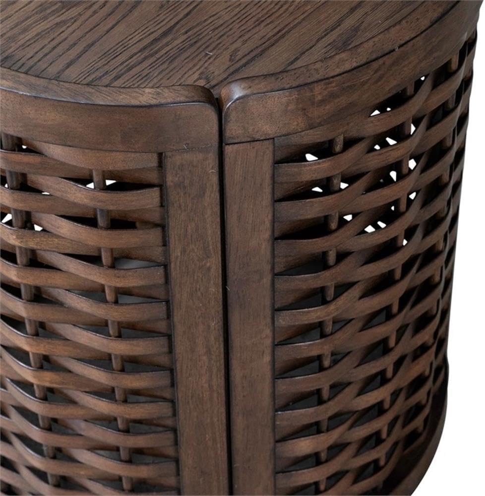 Pemberly Row 3 Piece Round Cocktail and End Table Set, Brown Oak Finish, Rubb...