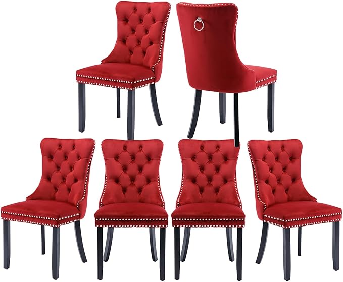 Velvet Kitchen Chairs Set of 6, Tufted Upholstered Dining Room Chairs with Back Ring Pull, Nailhead Trim and Solid Wood Legs, Modern Dining Chairs for Dining Room, Kitchen,Burgundy Red