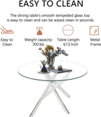 5 Piece Round Dining Table Set for 4, Modern Glass Kitchen Dining Room Table Set for 4, 47" Circle Silver Glass Metal Dining Table with 4 Grey PU Leather Dining Chairs for Kitchen Dining Room