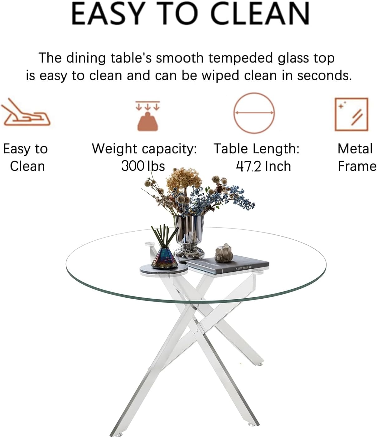 5 Piece Round Dining Table Set for 4, Modern Glass Kitchen Dining Room Table Set for 4, 47" Circle Silver Glass Metal Dining Table with 4 Grey PU Leather Dining Chairs for Kitchen Dining Room