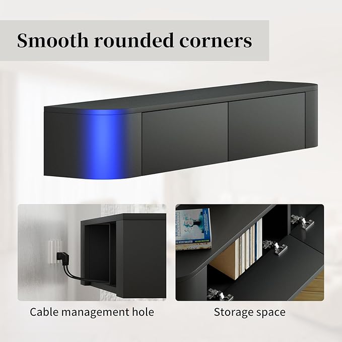 SHGJ&SOFT Floating TV Stand Wall Mounted Media Console with Door Entertainment Centerwith Storage Cabinets, Wall Mounted TV Shelf for Bedroom,Living Room (Black, 47.2IN)