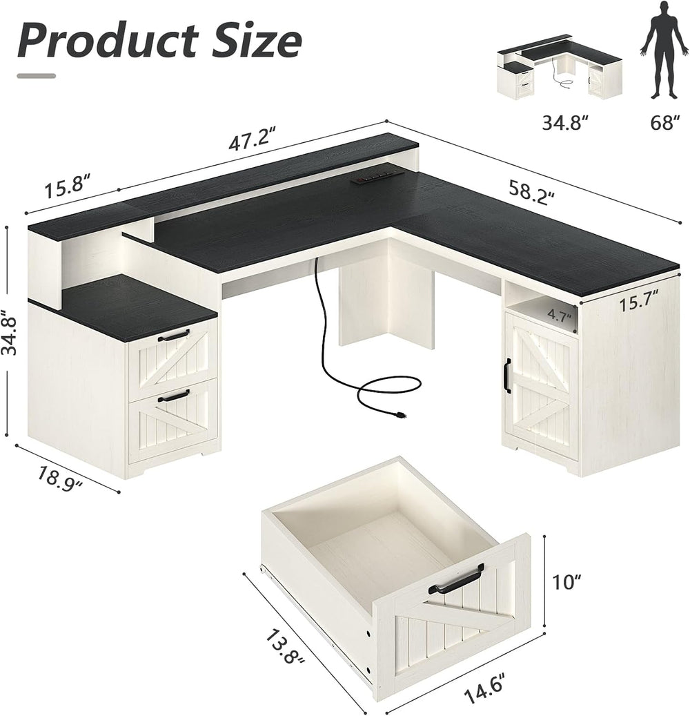 63" Farmhouse L Shaped Desk with Drawers & Printer Shelf for Home Of...