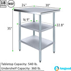 AmGood Stainless Steel Work Table with 2 Shelves | NSF | Metal Utility Table (24" Long x 30" Deep)