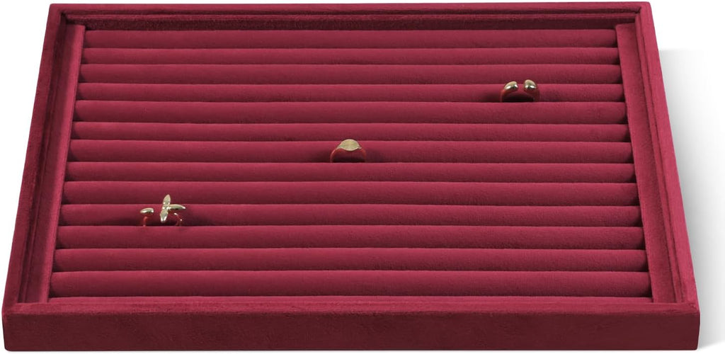 Velvet Ring Display Tray, Stackable Muilt Slot Rings Ear Stud Storage Tray, Drawer Insert Jewelry Accessories Organizers Plate (Red)