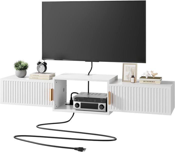 IBUYKE Mid Century Modern Floating TV Stand,Wall Mounted Media Console Shelf with Power Outlet for up to 55",Entertainment Center for Under TV Storage Cabinet for Living Room Bedroom,White UWST014W