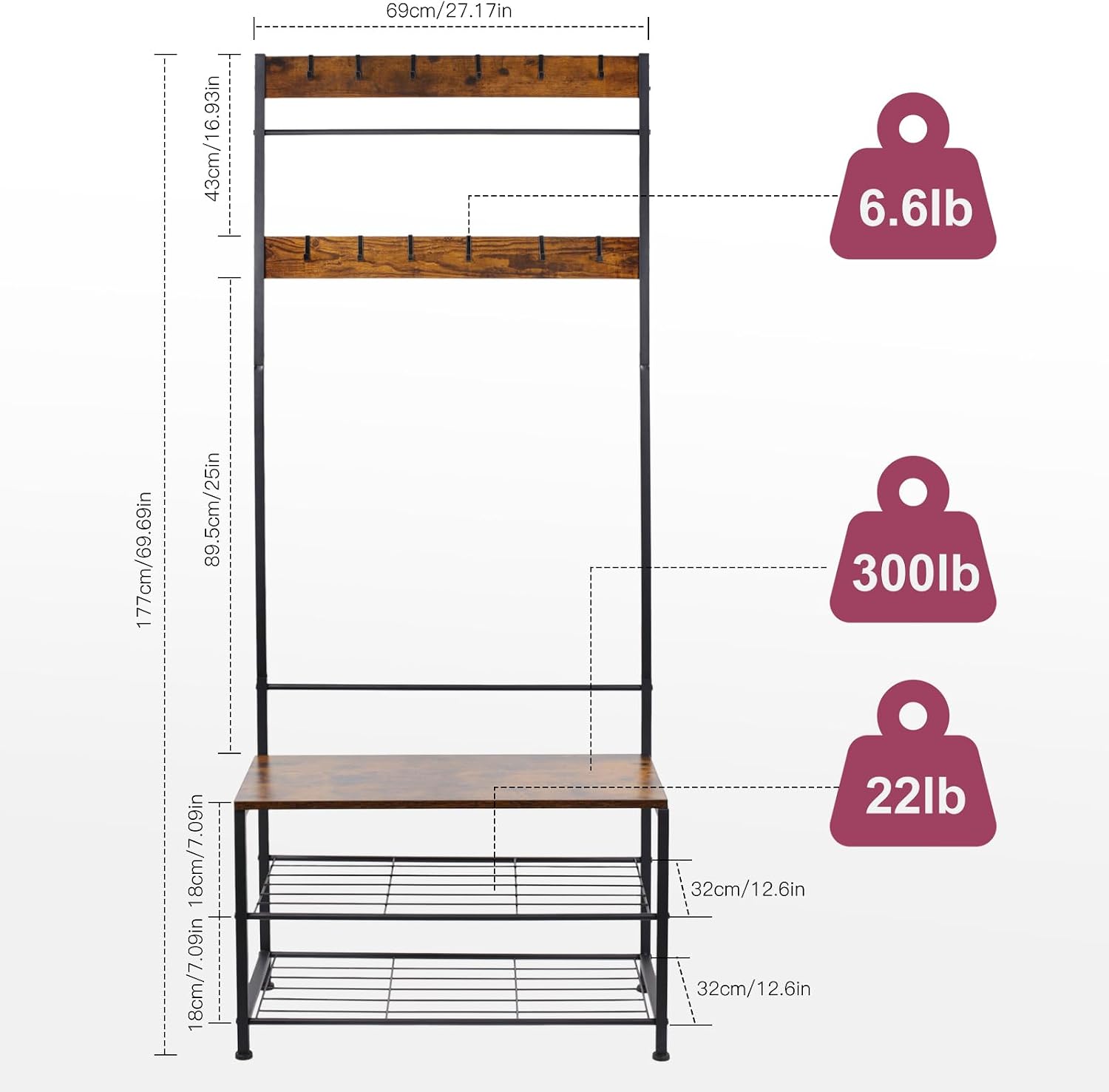 Hall Tree Coat Rack with Bench and Shoe Storage, 3-in-1 Entryway Organizer with Top Hook Rail, Wooden Seat and 2-Tier Shoe Rack, Freestanding Coat Rack for Hallway, Bedroom, and doorway