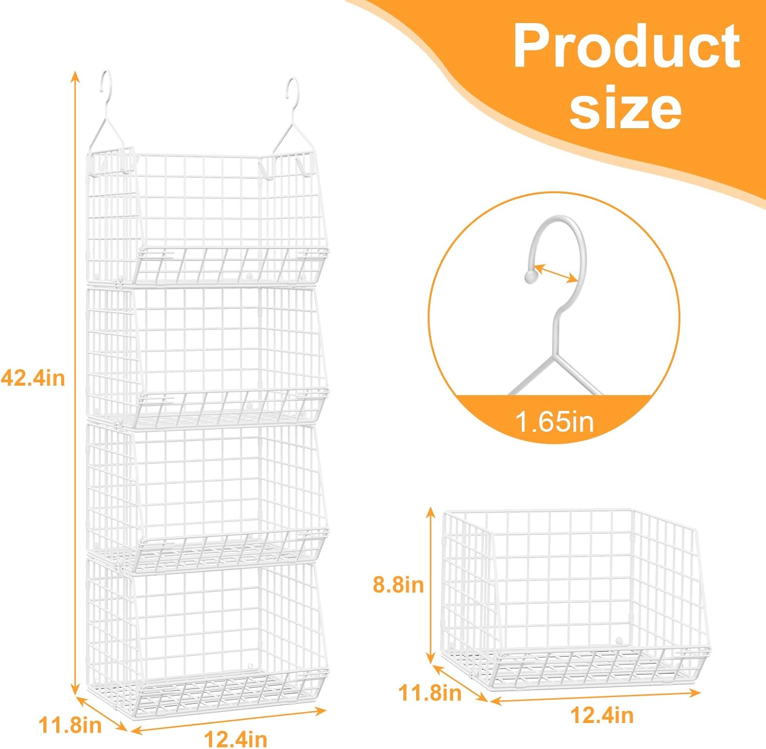4 Tier Closet Hanging Organizer Foldable Dorm Closet Organizer White | Freestanding Closet Organizers and Storage with 5 S Hooks, wire closet shelving for Wardrobe Laundry Room Patent (11.8" D)