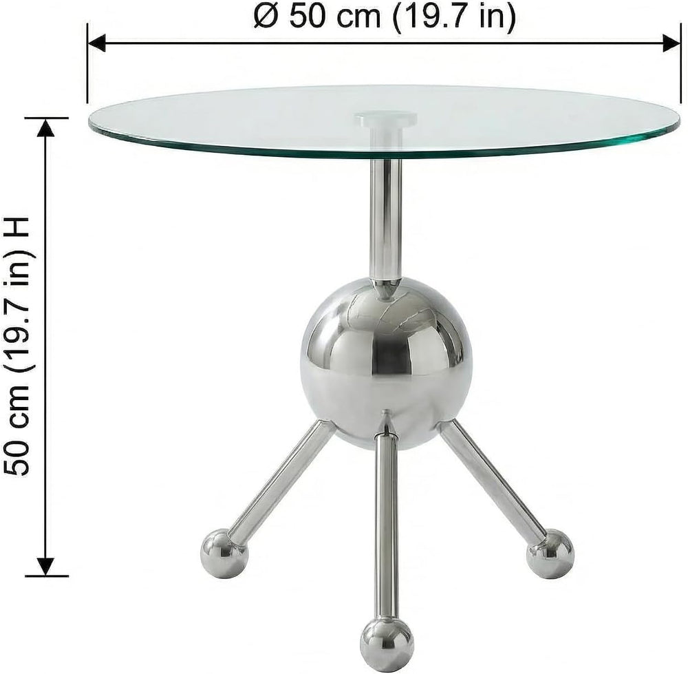 FT Global 19.7-Inch Round Glass End Table, Stainless Steel Sphere Tripod Base...