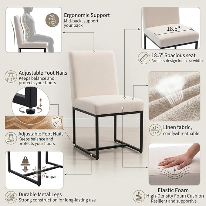 CIMOTA Modern Linen Dining Chair Set of 4, Mid Century Dining Room Chairs Fabric Upholstered Armless Side Chair with Black Sled Base for Dining Room, White Cream 4PCS