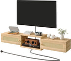 IBUYKE Modern Rattan Floating TV Stand with Doors,Wall Mounted TV Shelf for TVs up to 55 Inches,Media Console Entertainment Center for Under TV Storage Cabinet for Living Room Bedroom,Natural UWST012N