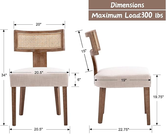 Upholstered Farmhouse Dining Chairs Set of 6 Mid Century Modern Dining Room Chairs Rattan Linen Kitchen Chairs Armless Side Chairs with Wood Frame/Rattan Back for Living Room,Beige