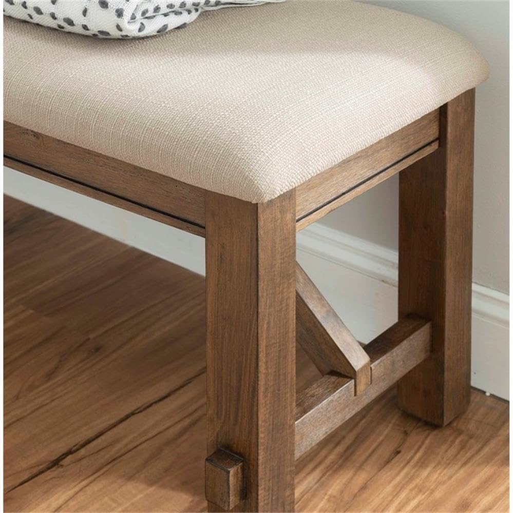 Pemberly Row 60" Wood/Fabric Bench, Rustic Umber Brown Finish, Tan Uphol...