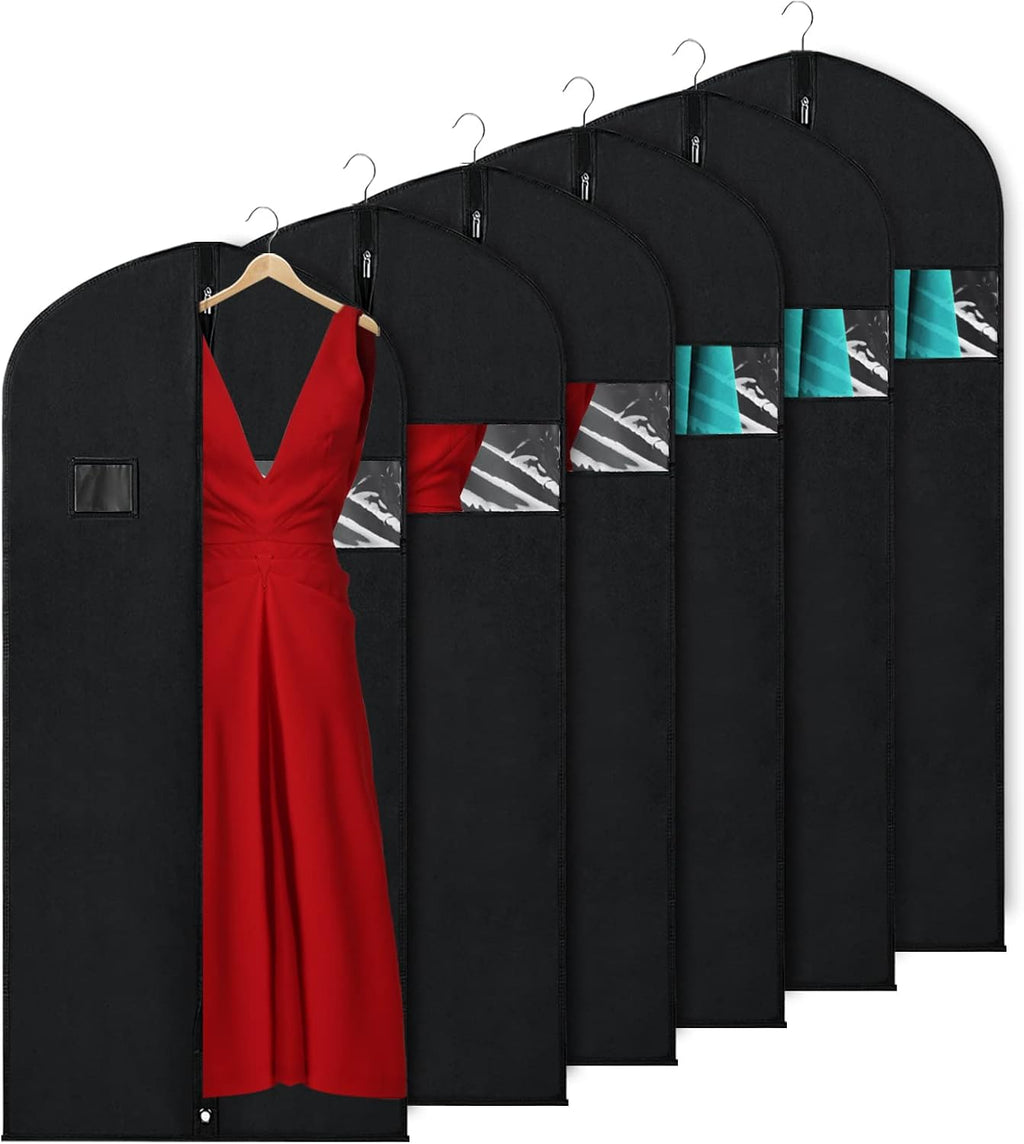 KEEGH Garment Bags for Hanging Clothes 60" (Set of 6) Dress Bags for Gowns Long Dress Bags for Closet Storage with Zipper and Eye-Hole for Folding for Suit Coats Dresses, Black | Transparent Window, Full Zipper, Label Pocket, Eye-Hole for Folding, Dress