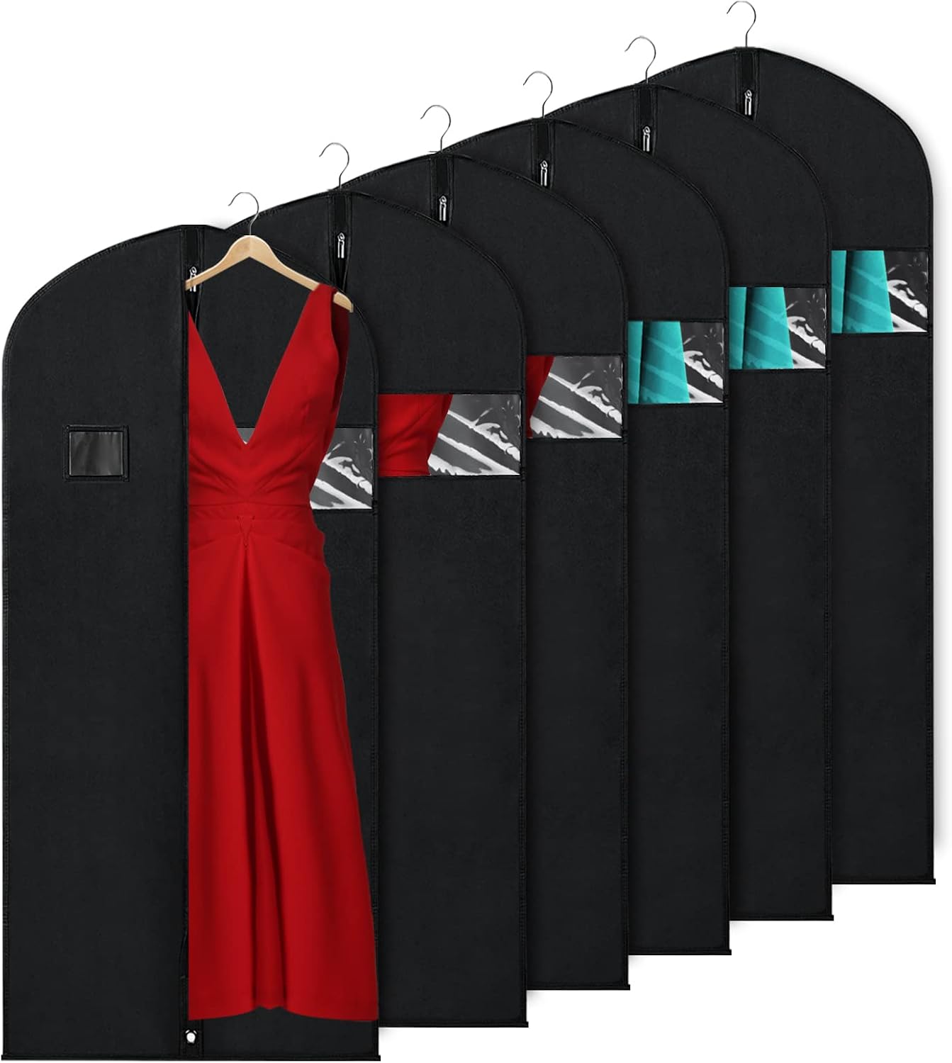 KEEGH Garment Bags for Hanging Clothes 60" (Set of 6) Dress Bags for Gowns Long Dress Bags for Closet Storage with Zipper and Eye-Hole for Folding for Suit Coats Dresses, Black | Transparent Window, Full Zipper, Label Pocket, Eye-Hole for Folding, Dress