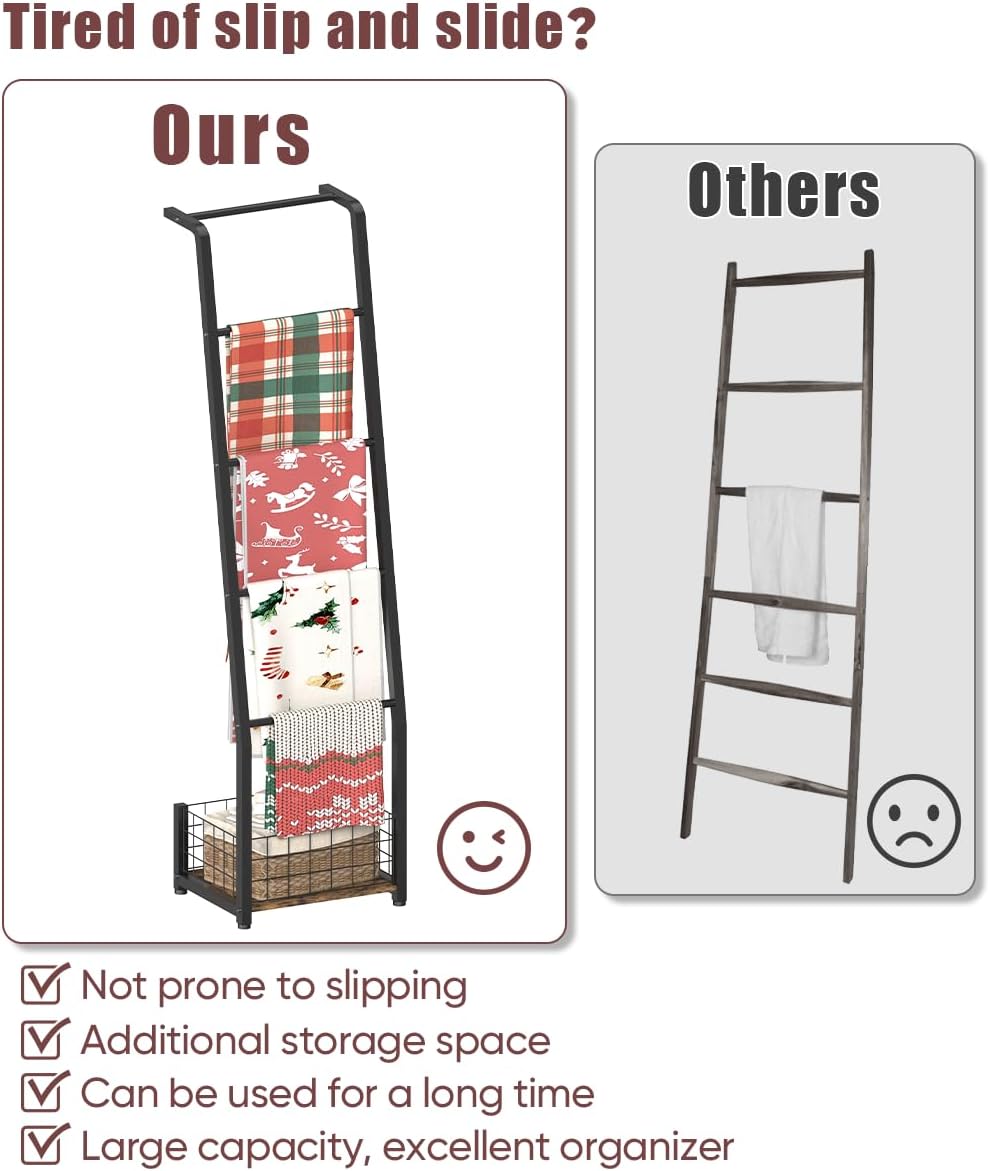 6.3ft Blanket Ladder with Storage Basket, 5 Tier Decorative Ladder Shelf Stan...