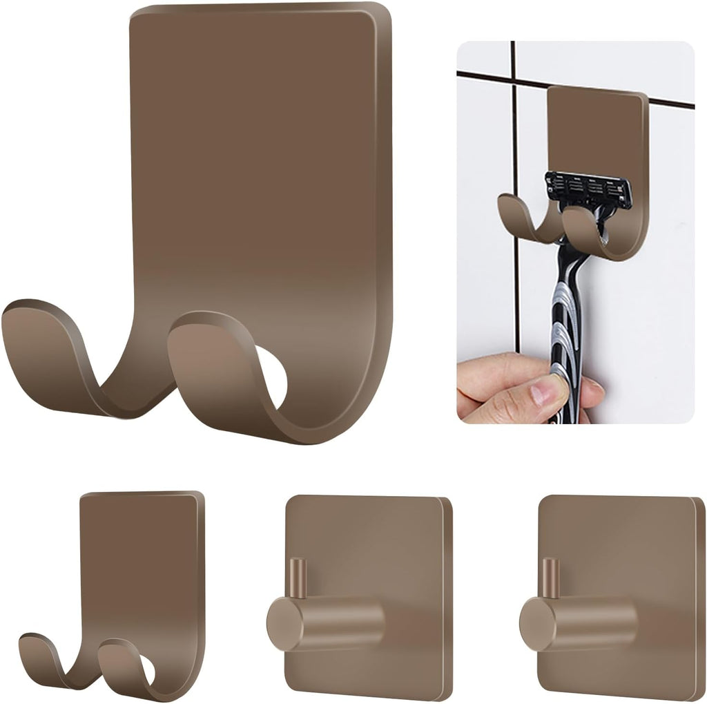 CGBE 4 Pack Shower Hooks - Self Adhesive Shaver Holder Hanger for Bathroom, Damage Free Wall Hooks for Razor, Loofah Sponge - Brown