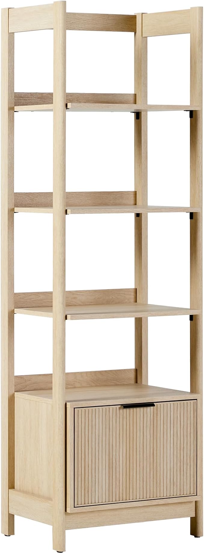 Walker Edison Transitional Reeded Narrow Open Bookshelf with Drawer Home Office Living Room, Bedroom, 4-Shelf Bookcase with Bottom Storage, 22 Inch, Coastal Oak