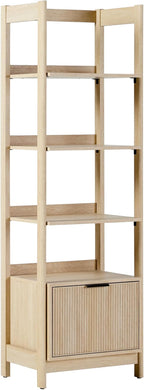 Walker Edison Transitional Reeded Narrow Open Bookshelf with Drawer Home Office Living Room, Bedroom, 4-Shelf Bookcase with Bottom Storage, 22 Inch, Coastal Oak