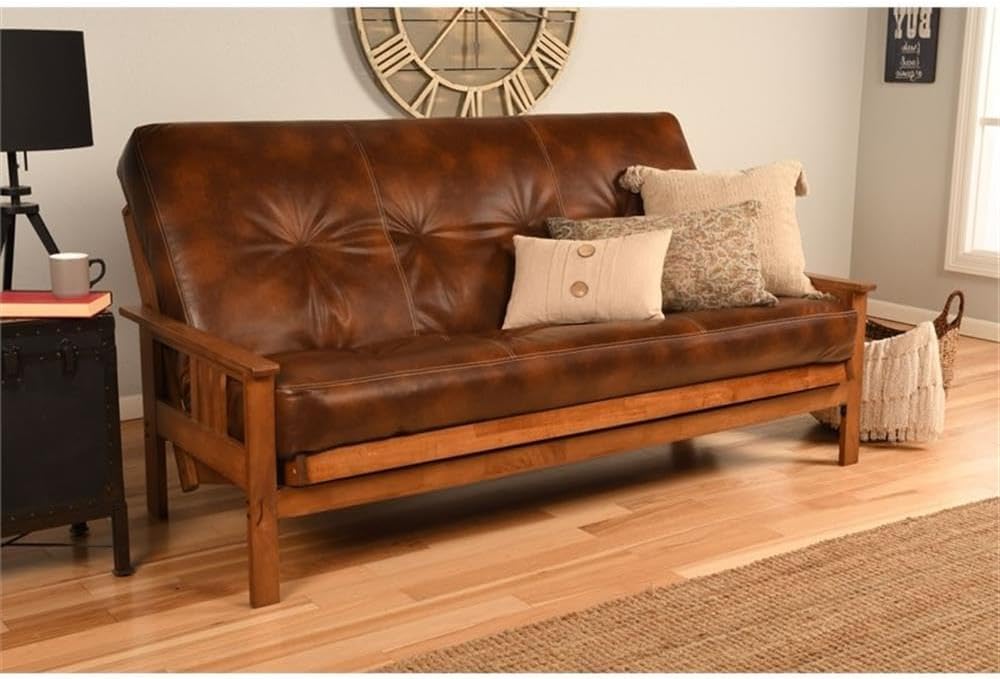 Pemberly Row 75" Traditional Full-Size Faux Leather Futon Mattress with Hinged Innerspring, Foam Construction, in Saddle Brown Finish, Frame Not Included