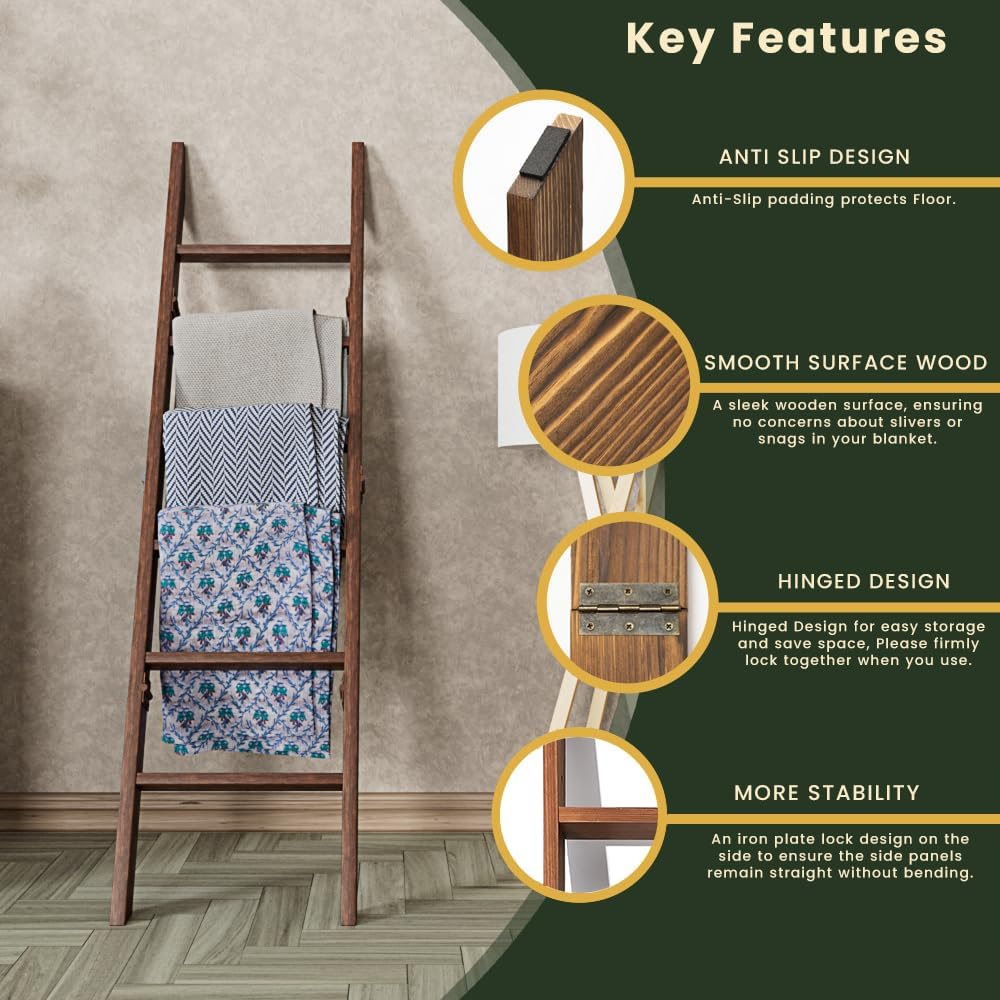 Wooden Blanket Ladder for Living Room 6-Tier, Decorative Ladder Blanket Rack & Quilt Ladder Decor, Rustic Farmhouse Wood Ladder, Anti-Slip Sturdy Blanket Holder, 68 Inch Tall, Rustic Brown