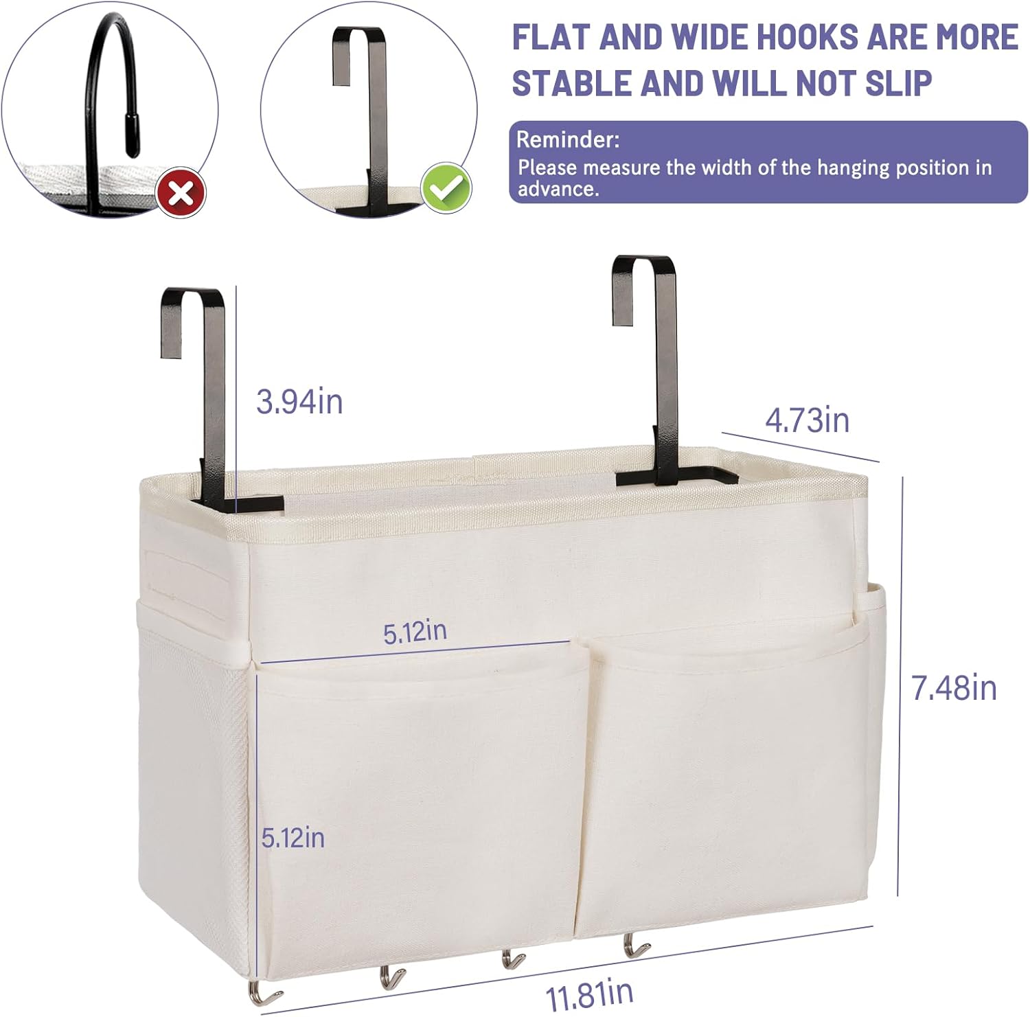 Bedside Storage Organizer 5 Pockets with 4 Hooks Hanging Storage Bag for Headboards/Bunk Bed (2Pack White)