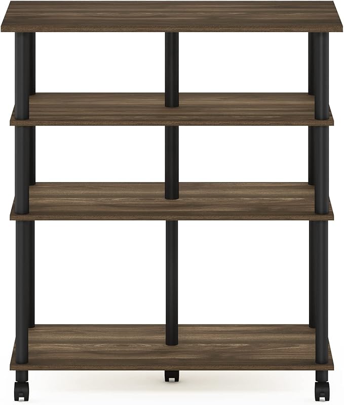 Furinno Helena 4-Tier Multifunction Rolling Open Shelves Storage Cart Organizer, Columbia Walnut/Black