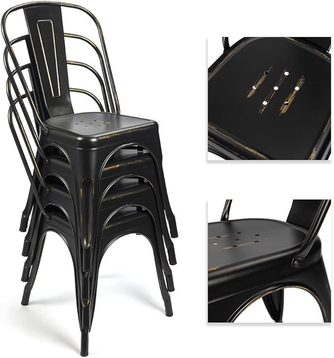 Devoko Metal Indoor-Outdoor Chairs Distressed Style Kitchen Dining Chairs Stackable Side Chairs with Back Set of 4 (Black Gold)