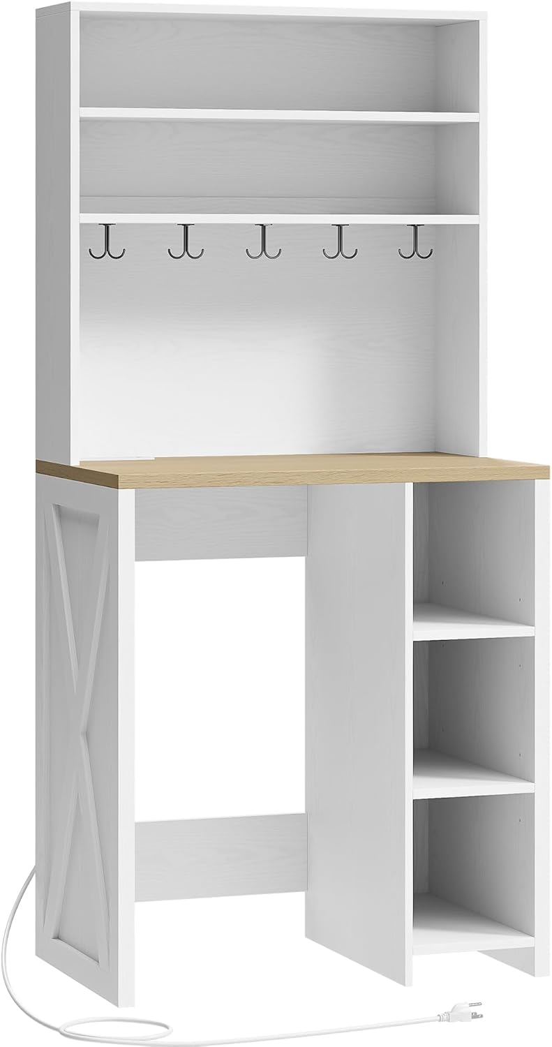 IRONCK Bakers Rack with Mini Fridge Space & Power Outlets, 69.3" Coffee Bar Station with LED Lights, 7-Tier Kitchen Microwave Stand with Hooks & Wooden Backboard, Space-Saving Utility Organizer, White