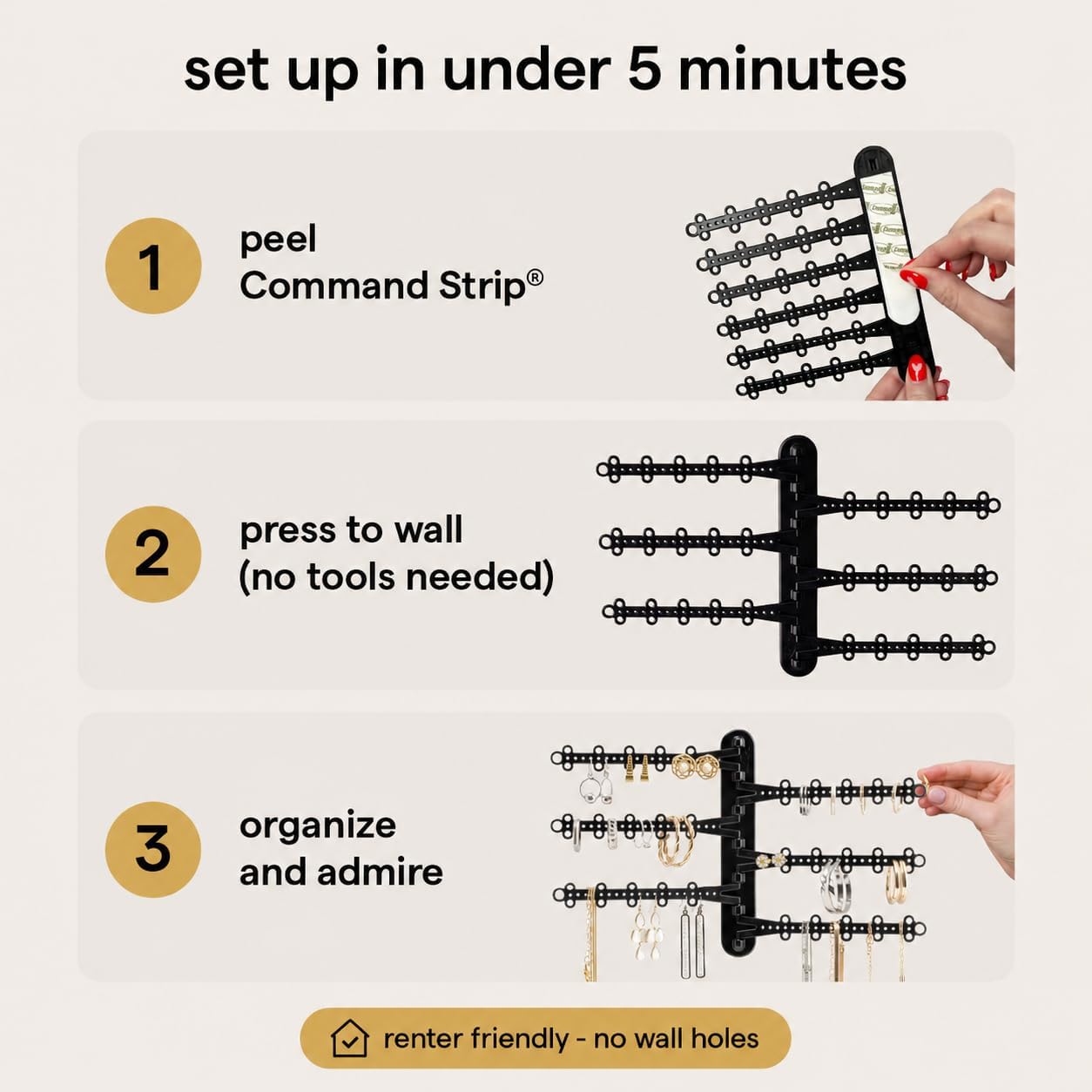 6-Tier Hanging Wall Jewelry Organizer, Earring, Necklace, Ring Holder-Black | Large Capacity with 120 Earring Holes, Rotating Branches, Includes 3M Command Strips, Bracelet, Ring & Necklace Storage