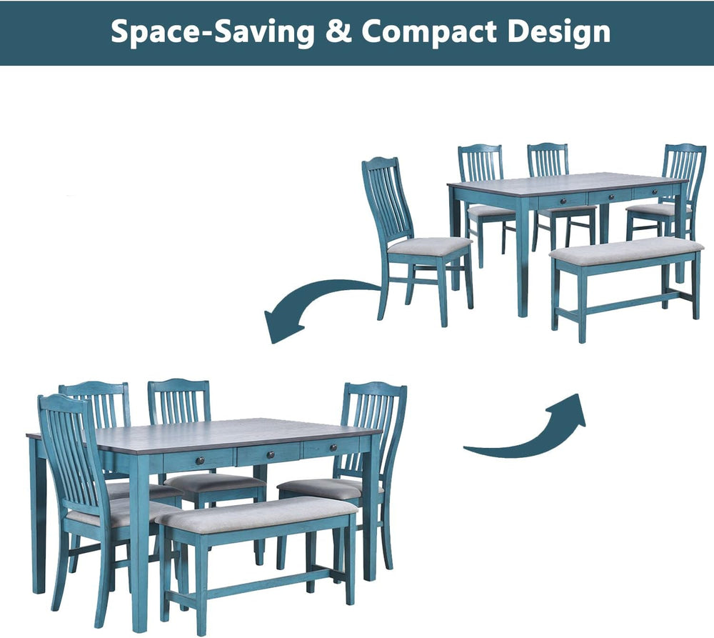 LUMISOL 6-Piece Dining Table Set with Bench, Farmhouse Solid Wood Kitchen Tab...