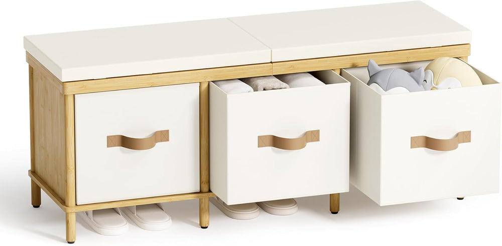 Shoe Bench, 43.3" Storage Bench, Entryway Bench with Cushion Seat | Natu...
