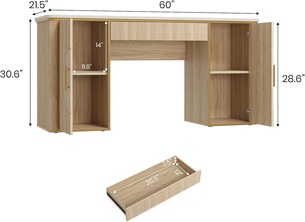 60" Fluted Computer Desk, Wooden Long Home Office Writing Desk with Draw...