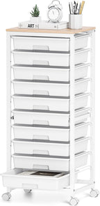 Rolling Cart with Drawers,10 Drawer Rolling Cart,Storage Cart with Wheels,Utility Cart with Drawers,Teacher Cart for Classroom Storage,Craft Cart with Wheels and Wooden Tabletop,White