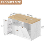Large Kitchen Island, 63"L Island Table for Kitchen with Trash Bin | & Power Outlet, Farmhouse Kitchen Island on Wheels with Spice Rack & Microwave Cart Storage for Dining Room, Home Bar, White