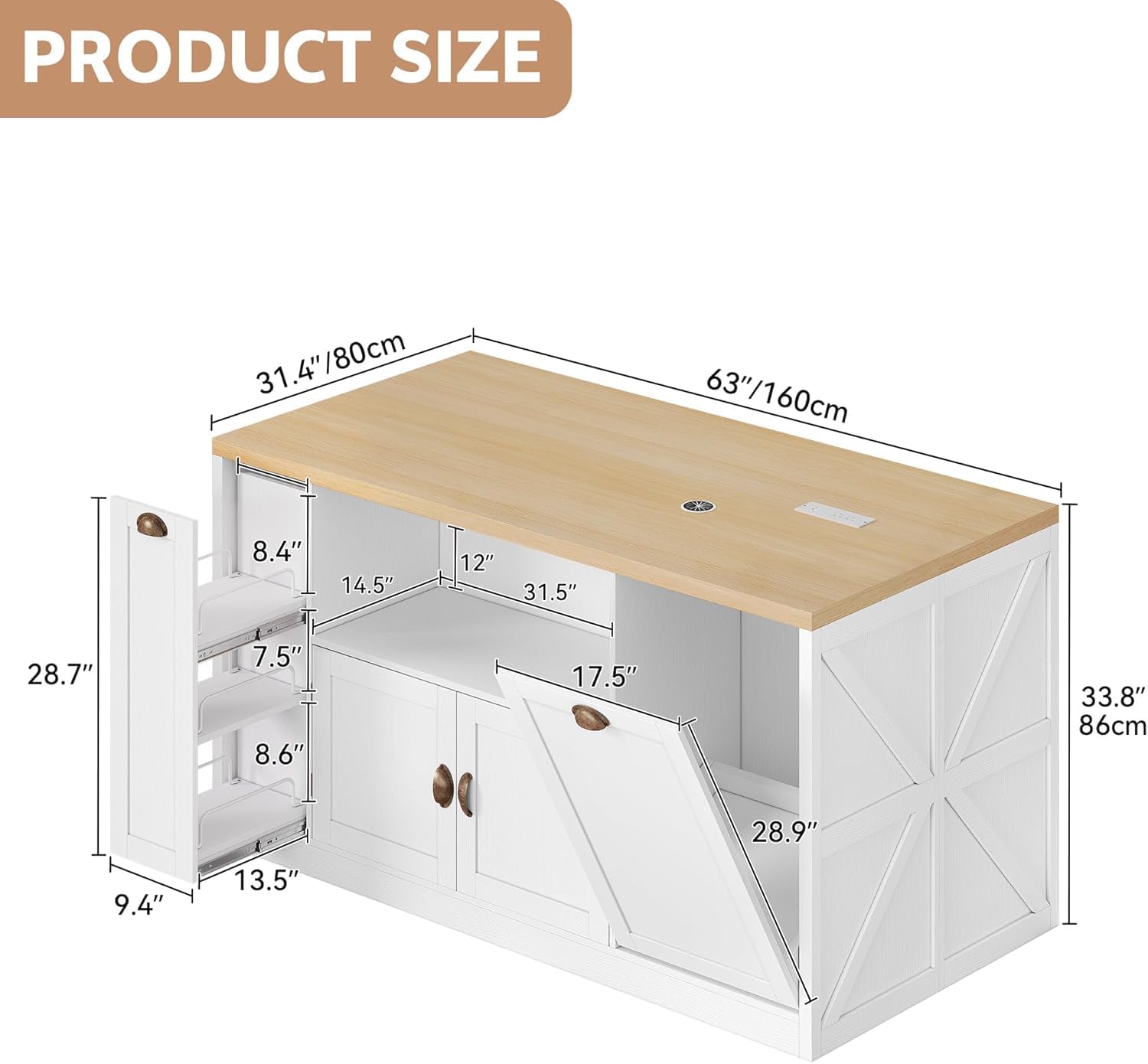 Large Kitchen Island, 63"L Island Table for Kitchen with Trash Bin | & Power Outlet, Farmhouse Kitchen Island on Wheels with Spice Rack & Microwave Cart Storage for Dining Room, Home Bar, White