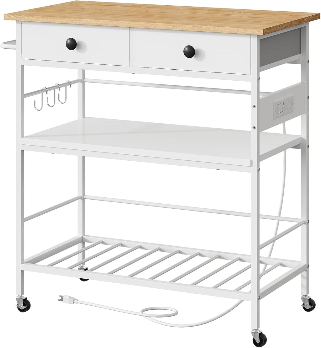 HOOBRO Kitchen Island with Storage, Rolling Island Cart for Kitchen with 2 Drawers & Outlet, 3 Tier Coffee Station and Microwave Stand, Kitchen Island Table for Home, Natural and White WN08UZD01