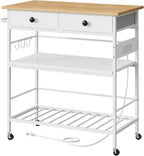 HOOBRO Kitchen Island with Storage, Rolling Island Cart for Kitchen with 2 Drawers & Outlet, 3 Tier Coffee Station and Microwave Stand, Kitchen Island Table for Home, Natural and White WN08UZD01