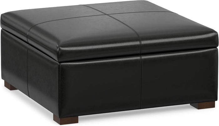 SIMPLIHOME Gabbie 36" Wide Vegan Leather Storage Ottoman in Midnight Black
